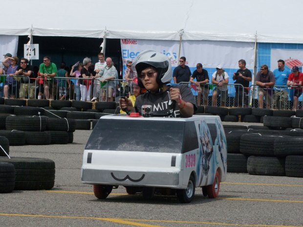 Chibi-Mikuvan during a lap at Detroit Maker Faire 2014. Photo credit: Pete Prodoehl